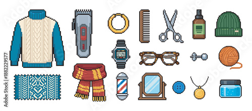 Collection of pixel art icons featuring men's fashion accessories, winter clothing, and barbershop grooming tools in a retro 8-bit video game style illustration set