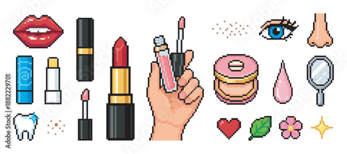 Set of pixel art beauty icons featuring lipstick, lip gloss, powder, and other cosmetic elements in a retro 8-bit video game style collection for beauty concepts