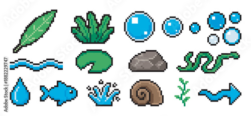 Pixel art icon set of various nature and water elements like a fish, leaf, stone, shell, and bubbles designed in a classic 8-bit video game aesthetic