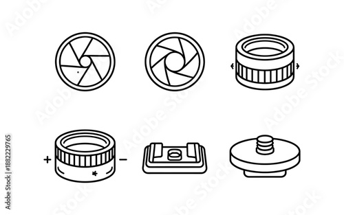 Collection of camera lens parts and accessories in a clean line art style