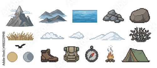 Set of pixel art icons for camping and hiking, featuring a mountain, tent, backpack, compass, and campfire in a retro 8-bit video game style for adventure themes