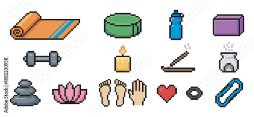 Set of pixel art yoga and meditation icons featuring a mat, dumbbell, candle, lotus, and other wellness items in a retro 8-bit video game style graphic collection