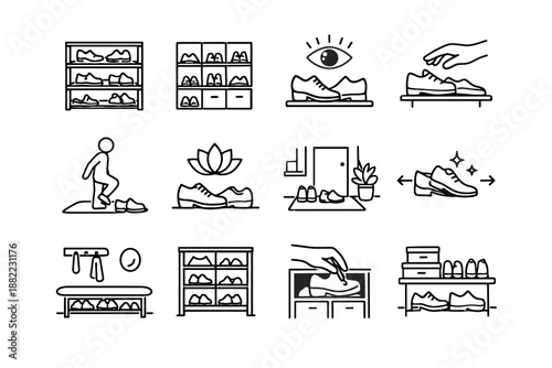 Organization shoe mindful reduction step icon cue logic entryway shelf vector routine