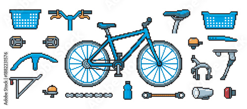 Blue pixel art bicycle and its components set for a constructor or repair game, showing a deconstructed bike with various spare parts like a basket, pedals, and seat