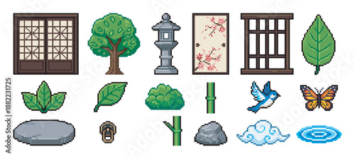 Collection of pixel art game sprites featuring traditional Japanese garden elements like a stone lantern, shoji screen, bamboo, and cherry blossom for a retro 8-bit video game