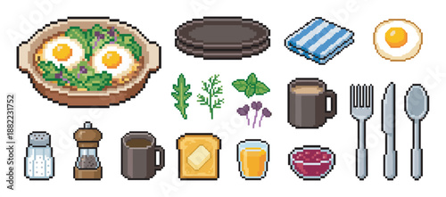 Pixel art breakfast food and drink icons featuring baked eggs, toast with butter, coffee, juice, and cutlery in a retro 8-bit video game style illustration set