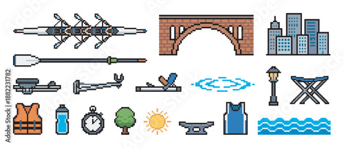 Set of pixel art icons for rowing sport includes a boat, oar, bridge, city, and other equipment for a regatta competition in a retro 8-bit graphic video game style