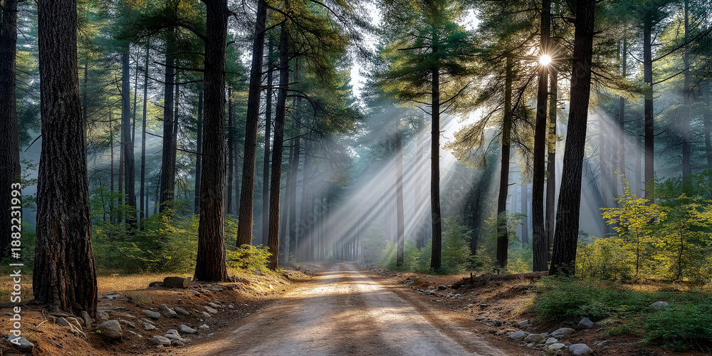 Obraz premium Forest path with sun rays filtering through pine trees