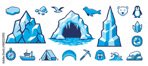 Set of pixel art arctic icons featuring a polar bear, penguin, iceberg, and exploration gear in a classic 8-bit video game graphic style