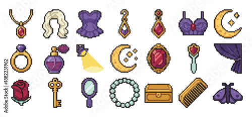 Pixel art icon set of magical feminine accessories for a fantasy game, featuring a purple corset, gold jewelry, a magic wand, a treasure chest, and a crescent moon