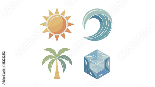Set of illustrations featuring the sun, wave, palm tree, and crystal.