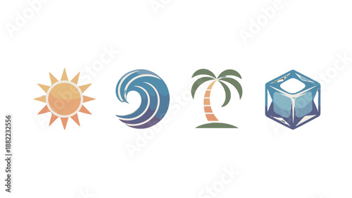 Collection of four climate icons representing sun, waves, a palm tree and an ice cube.