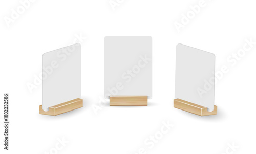 Card table menu holder stand mockup. Paper flyer mock up template. Event promotion wooden frame. Restaurant label. Vector