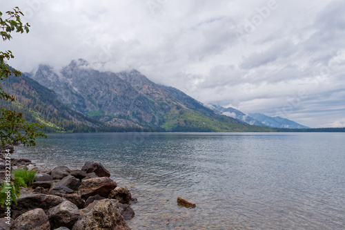 Tableau sur toile Teton Mountains shrouded in clouds at Jenny Lake, Grand Teton National Park, Wyo