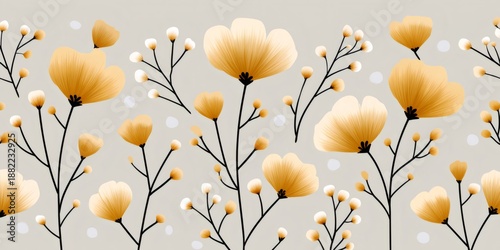 Golden bloom floral pattern on light grey background