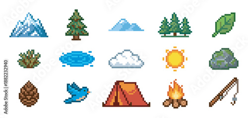 Pixel art nature and camping icon collection with a mountain, pine tree, tent, campfire, and fishing rod in a retro 8-bit video game graphic style