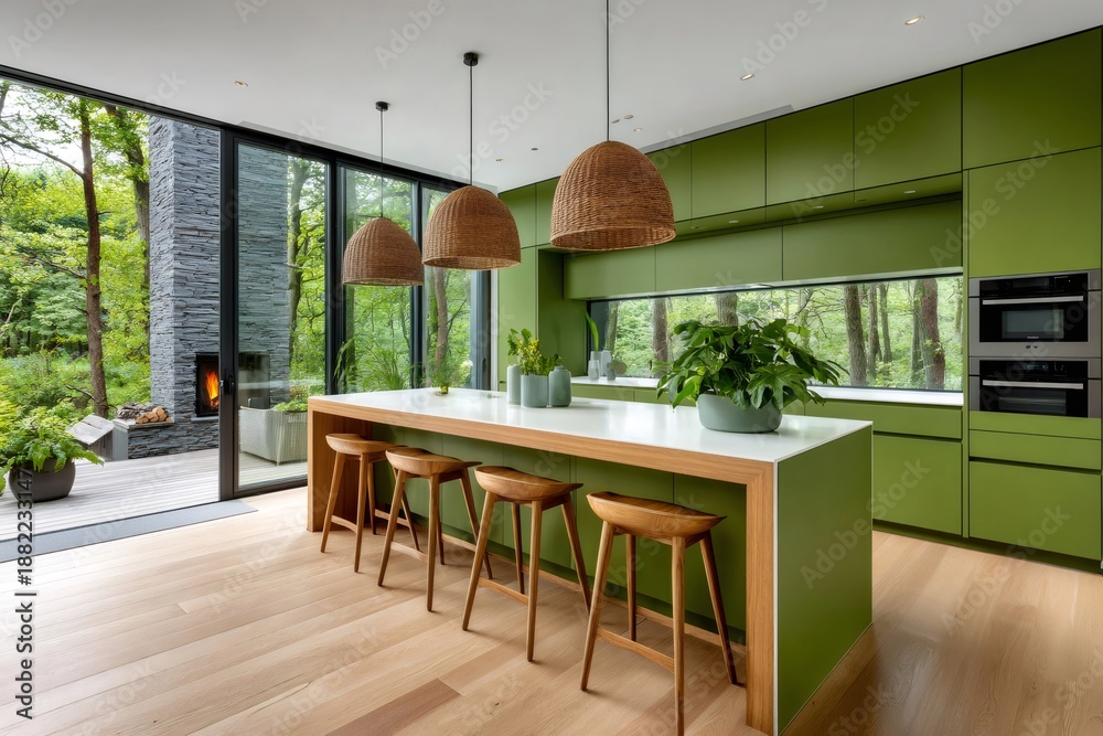 Naklejka premium Modern kitchen with green cabinets and forest view