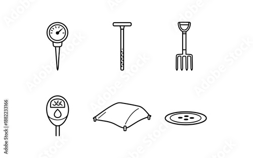 Collection of simple line art icons for gardening and soil testing tools