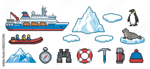 Set of pixel art icons for an arctic expedition featuring a ship, iceberg, penguin, seal, and travel equipment in a retro 8-bit video game style illustration