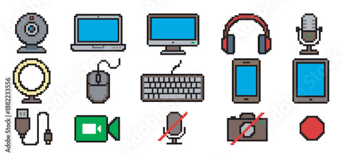 Set of pixel art icons featuring digital devices for streaming, gaming, and video conferencing, including a laptop, webcam, microphone, and headphones in a retro 8-bit style