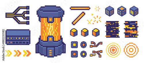 Pixel art sci-fi game assets collection featuring a futuristic energy core, glowing cubes, circuits, and various interface elements for a retro 8-bit video game design