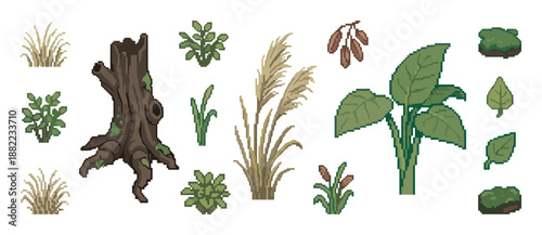 Collection of pixel art forest elements featuring a mossy tree stump, leafy plants, pampas grass, and cattails for retro 8-bit video game development