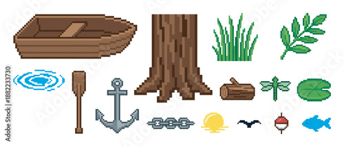 Collection of pixel art game assets featuring a wooden boat, anchor, tree trunk, fish, and other nature and fishing elements in a classic 8-bit retro video game style