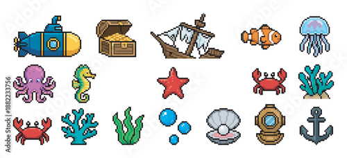 Collection of colorful 8-bit pixel art icons featuring underwater elements like a submarine, treasure chest, sunken ship, octopus, jellyfish, and crab for a retro game design