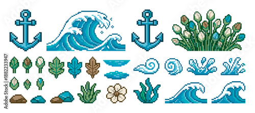 Pixel art set of various nautical icons including an anchor, ocean wave, shell, seaweed, flower, and leaf for a retro 8-bit video game asset collection