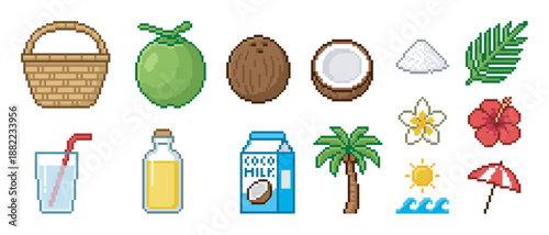 Set of tropical pixel art icons featuring coconuts, palm trees, exotic flowers, and beach elements in a retro 8-bit video game style for summer or healthy food concepts
