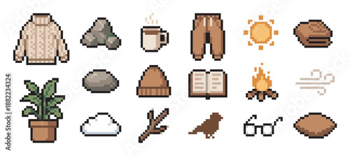 Collection of cozy autumn pixel art icons featuring a warm sweater, campfire, book, and mug in a retro 8-bit video game style for a comfortable and warm aesthetic