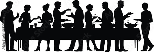 People silhouettes sharing food at buffet table, teamwork, catering service, hospitality event, community gathering concept