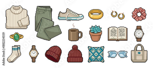Large collection of pixel art icons featuring cozy lifestyle items like a sweater, jeans, book, and accessories, rendered in a retro 8-bit video game aesthetic