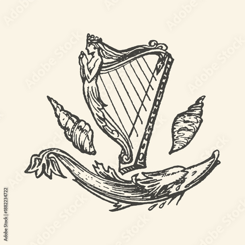 Elegant Antique Illustration of a Mermaid Playing Harp Amidst Seashells and Waves