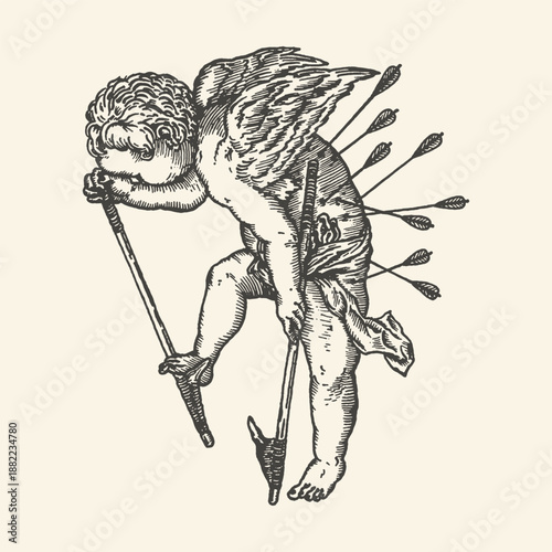 Vintage engraving of a wounded Cupid with arrows in his back, holding a broken spear, symbolizing unrequited love and heartbreak.