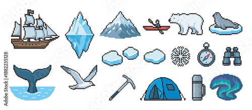 Pixel art collection of arctic expedition icons including a polar bear, iceberg, sailing ship, whale, seal, and tent for a retro 8-bit video game style illustration