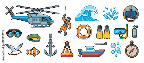 Pixel art icon set of sea rescue and marine adventure elements featuring a helicopter, diver, boat, scuba gear, anchor, and compass for a retro video game