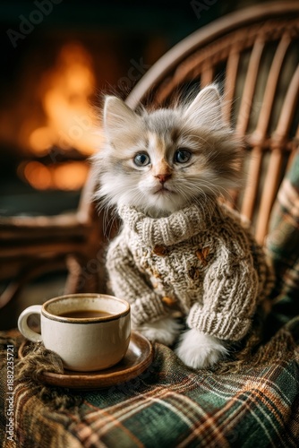 Adorable kitten wearing sweater sitting beside coffee cup in cozy setting  