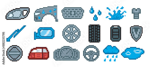 Pixel art car parts and weather icons in a retro 8-bit video game style, featuring a steering wheel, tire, headlight, mirror, rain cloud, and water splash for a user interface
