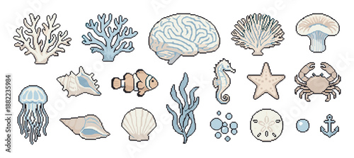 Large collection of pixel art sea creatures and ocean elements including coral, fish, shells, and a crab, presented as a charming icon set in a retro 8-bit video game style