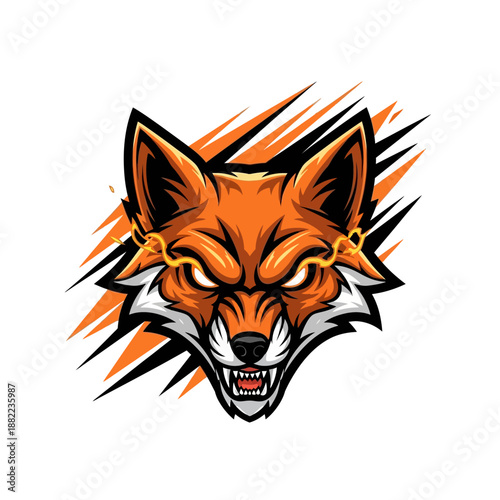 Fierce fox head with glowing eyes and sharp teeth on background