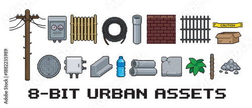 Collection of urban pixel art assets for video game development includes a telephone pole, manhole cover, fence, and various construction materials