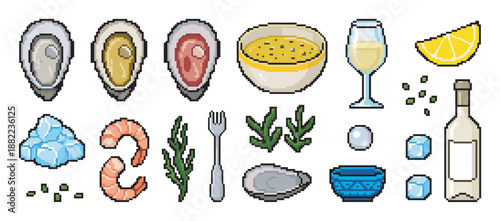 Colorful pixel art seafood icons featuring fresh oysters, shrimp, white wine, lemon, and soup in a retro 8-bit video game style illustration for a digital menu or design