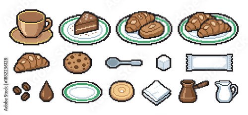Collection of pixel art food icons for a coffee shop theme including a mug, cake slice, croissant, cookie, sugar, and milk jug in a retro 8-bit gaming aesthetic