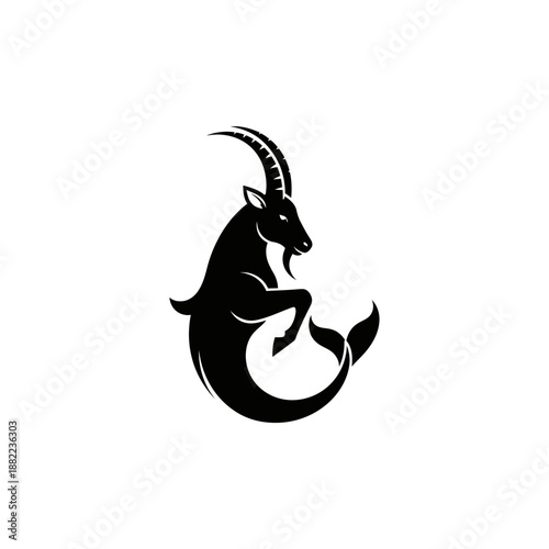 Black silhouette of a mythical sea goat with prominent horns