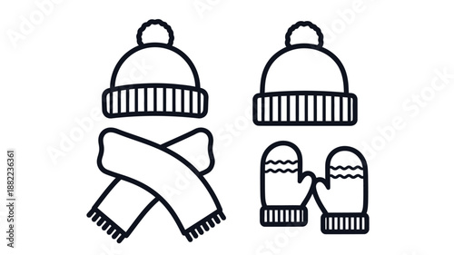 Simple illustration of winter accessories including hats a scarf and mittens in blue tones