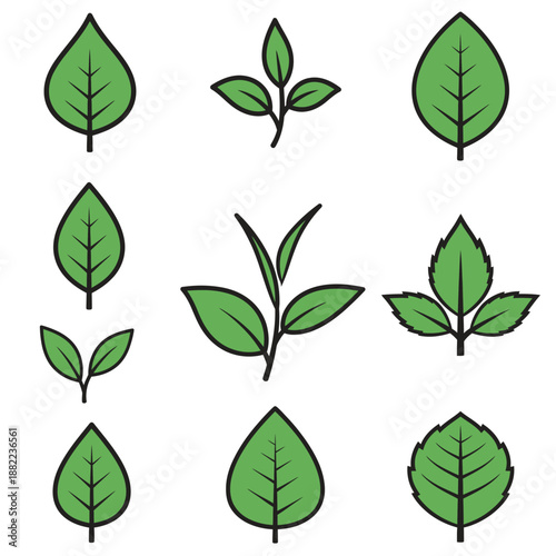 Nine stylized green leaves with black outlines on a white background