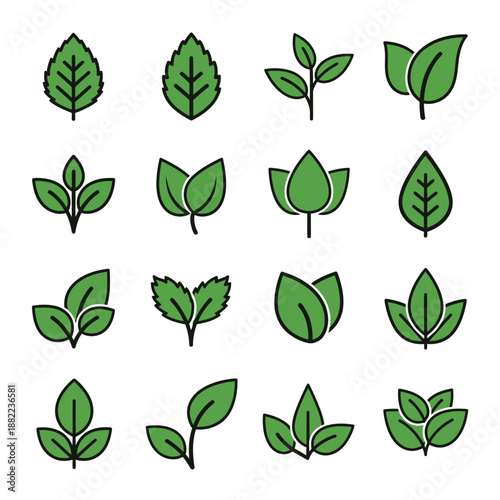 A grid of 16 stylized green leaf icons on a white background