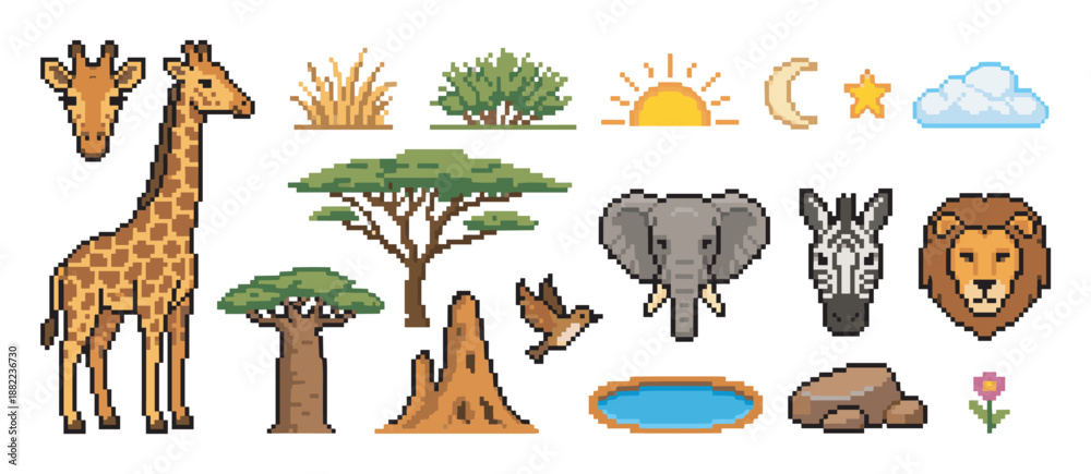 Obraz premium Pixel art safari animals and nature elements including a giraffe, lion, elephant, and zebra with trees, a sun, and moon for a retro 8-bit video game aesthetic