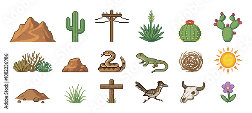 Set of pixel art desert icons featuring a cactus, snake, skull, and mountain in a retro 8-bit video game style, perfect for creating a western or arid landscape scene
